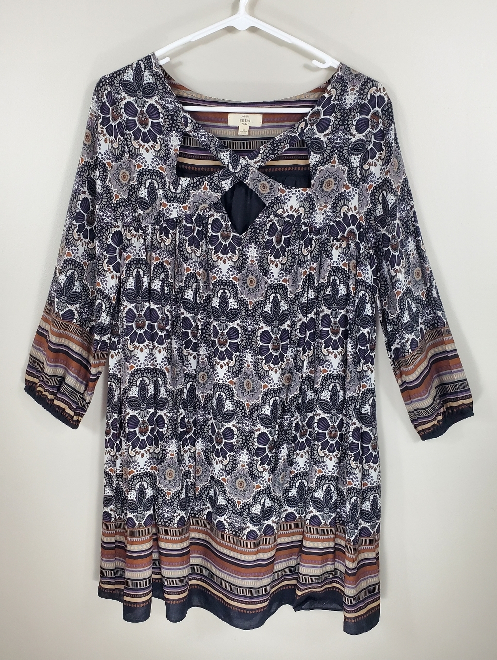 Entro Size S Floral Striped Cross Neck Flowy Lined Boho Dress